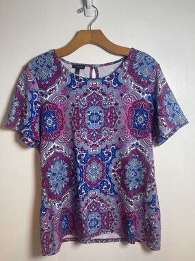 Talbots Blue and Pink Paisley Short Sleeve Blouse Size: L